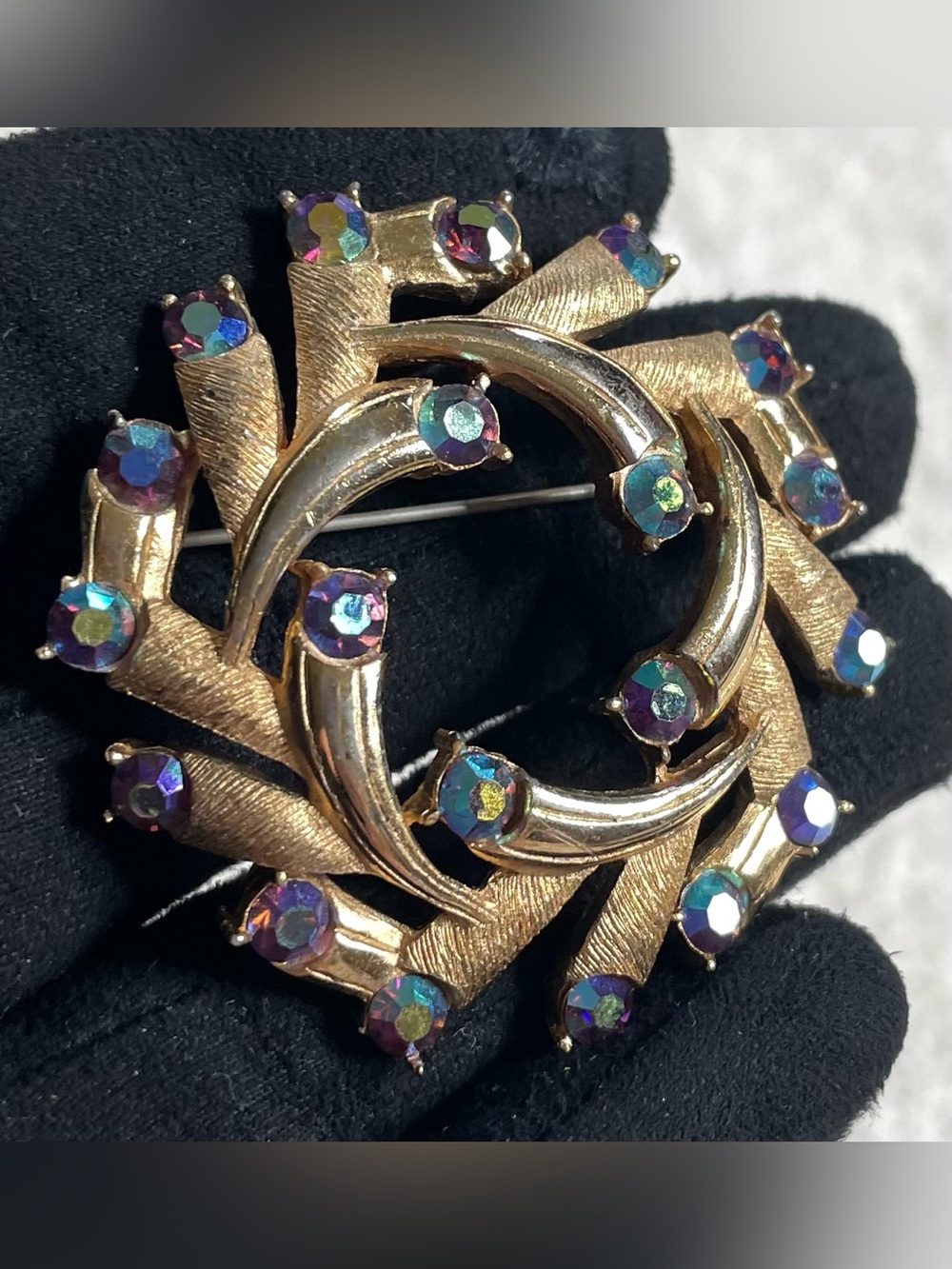 Vintage Gold-Tone Aurora Borealis Crystal Swirl Brooch